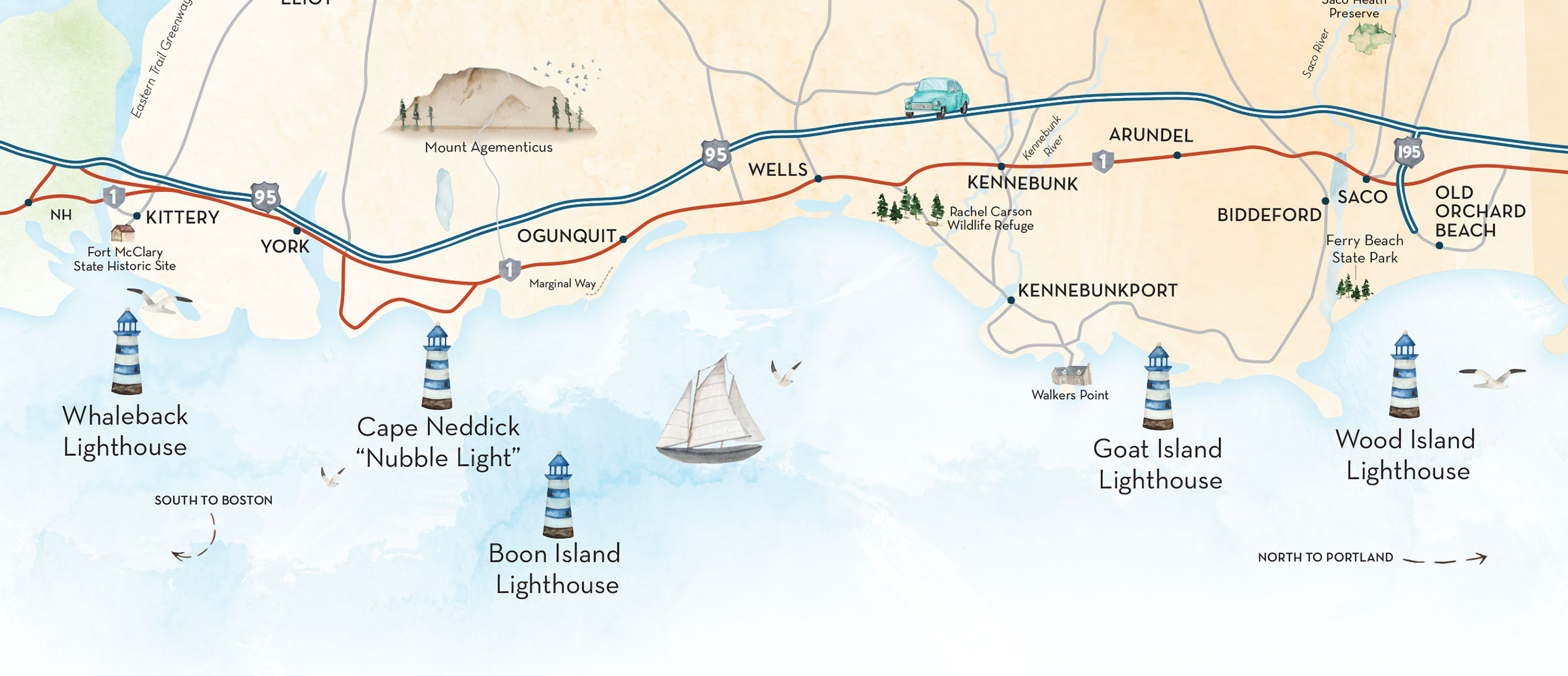 Map ofLighthouses in Maine Beaches Area